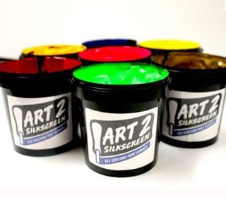 Art 2 Silkscreen ink containers in various vibrant colors for screen printing and creative projects.